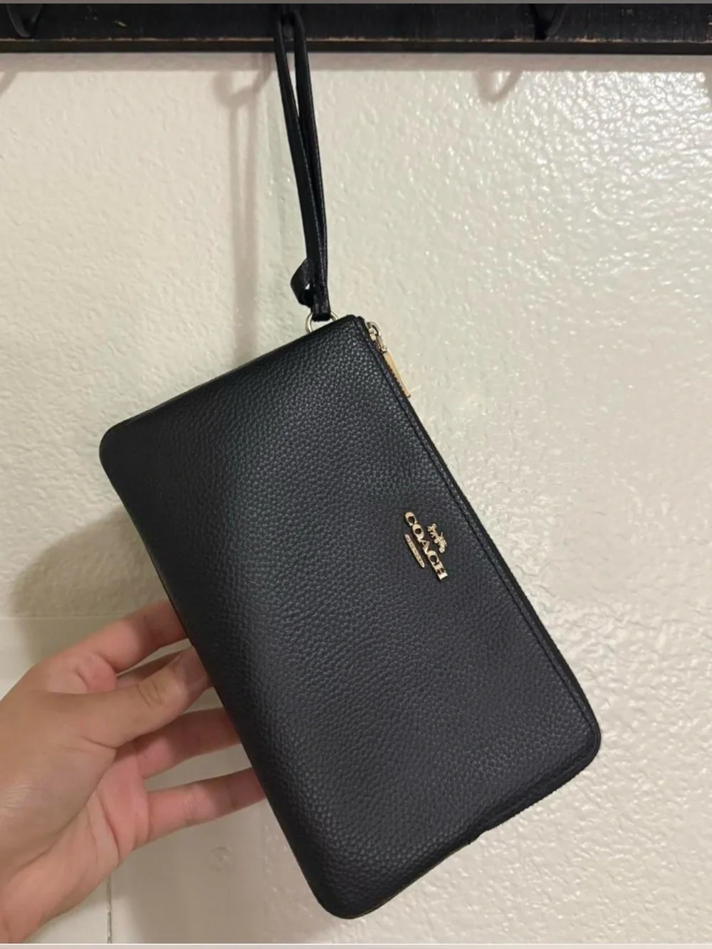 Coach Black Leather Wristlet with Gold Logo - Picture 1 of 8
